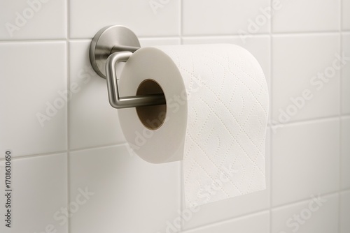 Toilet Paper Roll on Stainless Steel Holder in Modern Bathroom with White Tiled Wall