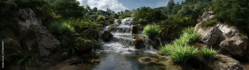Fototapeta premium Breathtaking waterfall adventure in lush nature hdr panoramic landscape serene river environment