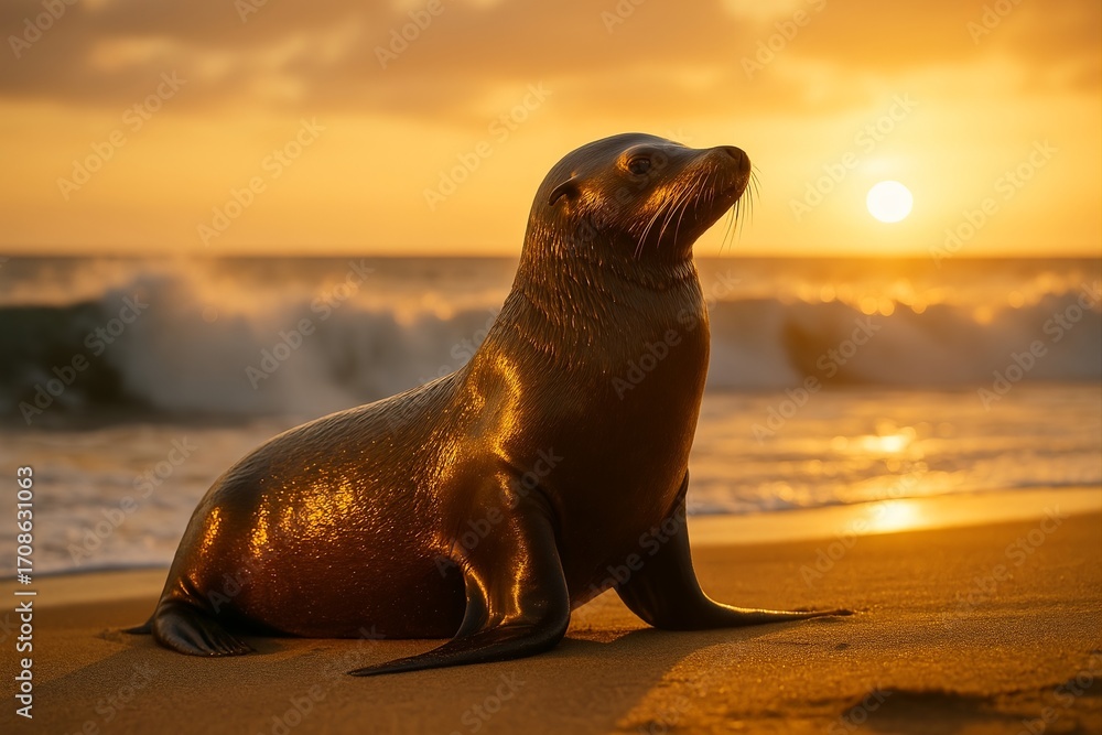 Fototapeta premium Sea Lion on Beach at Sunset – Wildlife Animal Silhouette Against Ocean Waves and Golden Sky