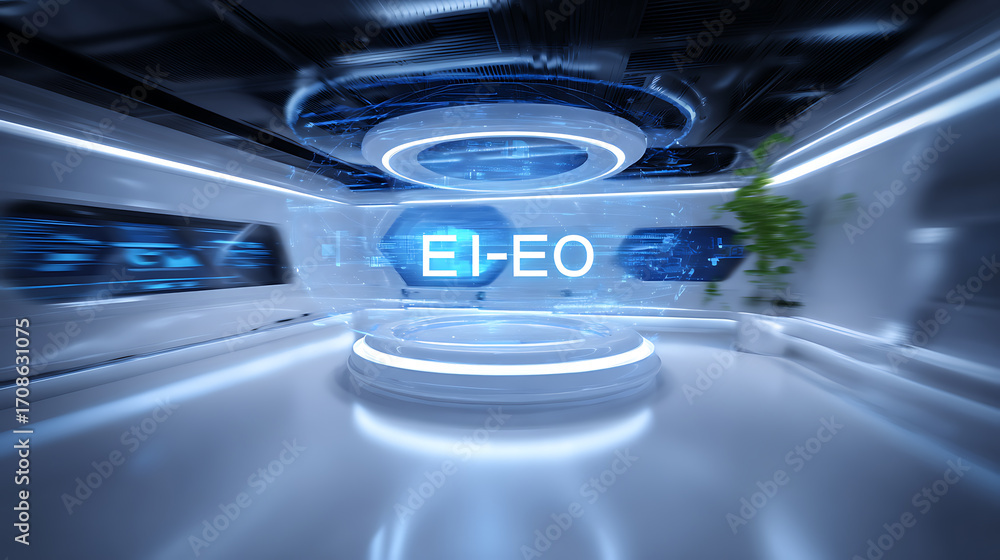 Obraz premium Futuristic interior with illuminated platform and digital display showing 'EI-EO' in a high-tech environment