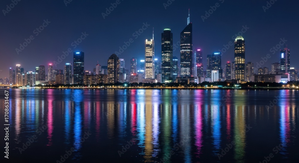 Fototapeta premium Night cityscape skyline reflected in a calm river