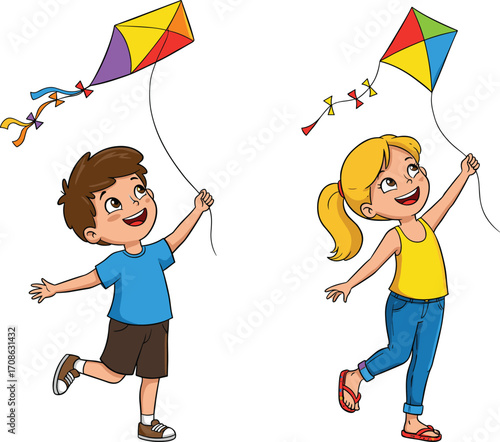 Happy kids flying colorful kites, boy and girl playing outside, enjoying sunny day, active children, outdoor fun, playful childhood moments
