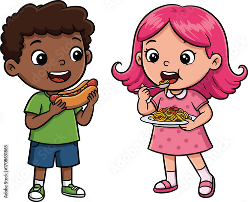 Happy cartoon children eating food, boy holding hotdog, girl eating spaghetti, fun mealtime, kids enjoying lunch, nutrition, lifestyle, dining, joy