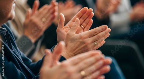 Close-up shot of an audience's hands clapping in unison to show appreciation and applause.