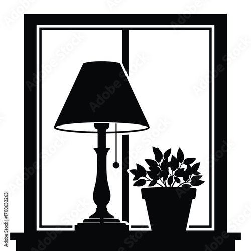 Black silhouette of a table lamp and potted plant on a windowsill black and white