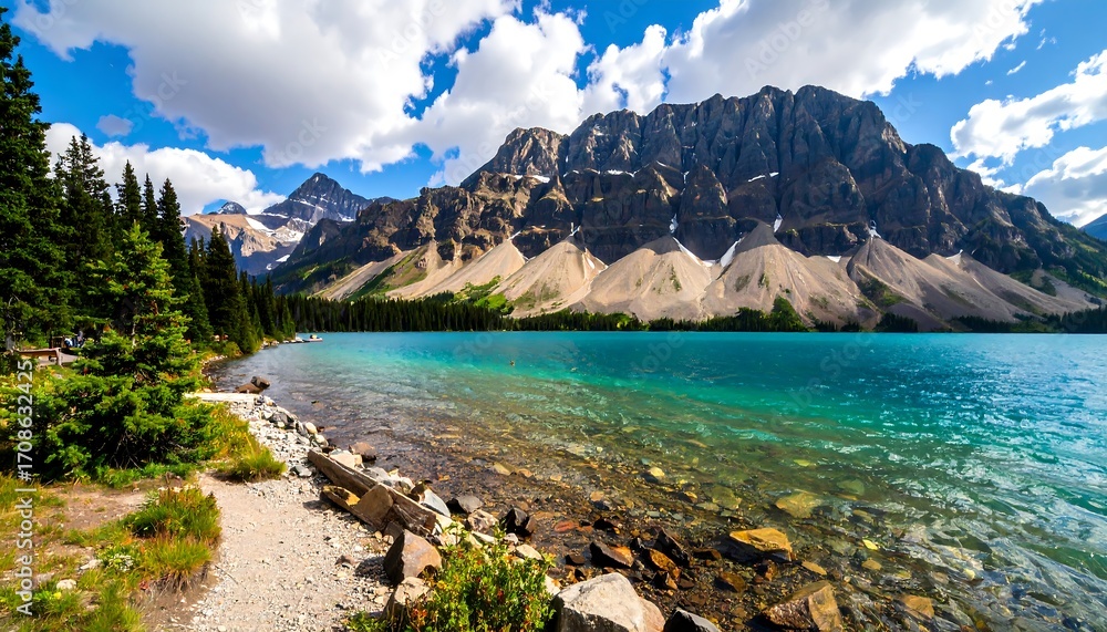 Fototapeta premium Scenic lake with mountains in the background and trees on the side under clouds