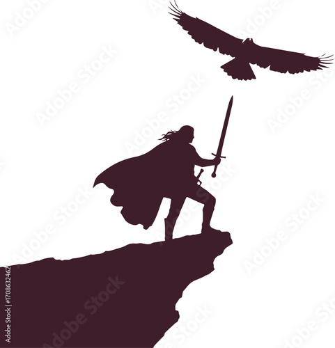 Silhouette of a warrior with sword and cape standing on a cliff with a bird flying overhead