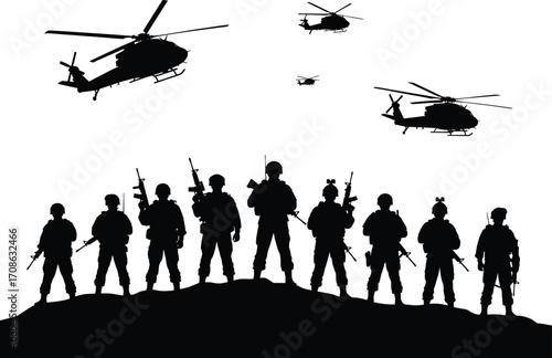 Military silhouette illustration, armed soldiers on hill, helicopters and drone in sky, tactical gear, combat scene, defense operation, war concept, black vector