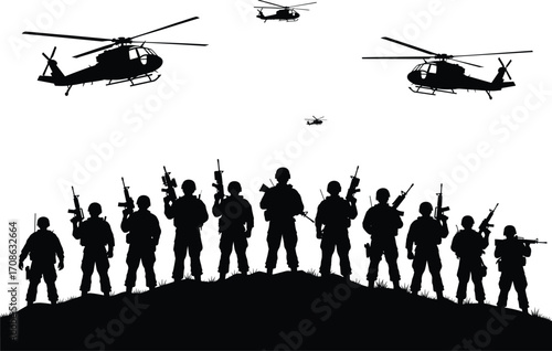 Military silhouette illustration, armed soldiers on hilltop, helicopters in sky, tactical formation, war zone concept, defense operation, vector graphic for stock