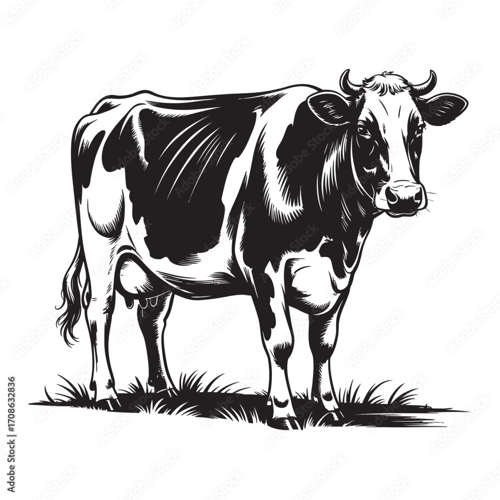 Fototapeta premium Black and White Cow Illustration, Farm Animal Vector Graphic