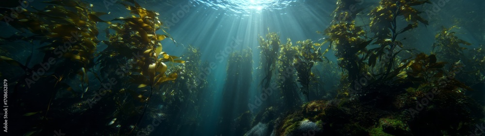 Obraz premium Underwater kelp forest sunrays hdri panoramic view ocean depths nature photography serene environment