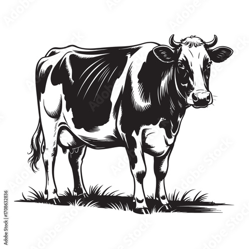 Black and White Cow Illustration, Farm Animal Vector Graphic