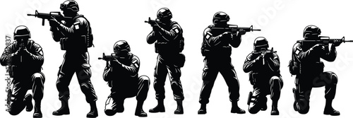 Military soldier silhouettes in tactical gear, rifle aiming poses, combat training formation, armed forces teamwork, battlefield readiness, vector illustration for defense themes