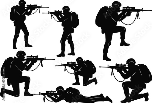 Silhouette soldiers, tactical poses, armed forces, combat stances, military vector, rifle action, battlefield illustration, war theme, black army figures, defense art