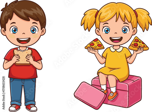 Happy kids enjoying food, boy eating sandwich, girl eating pizza slices, cute children smiling, healthy snacks, childhood joy, fun mealtime