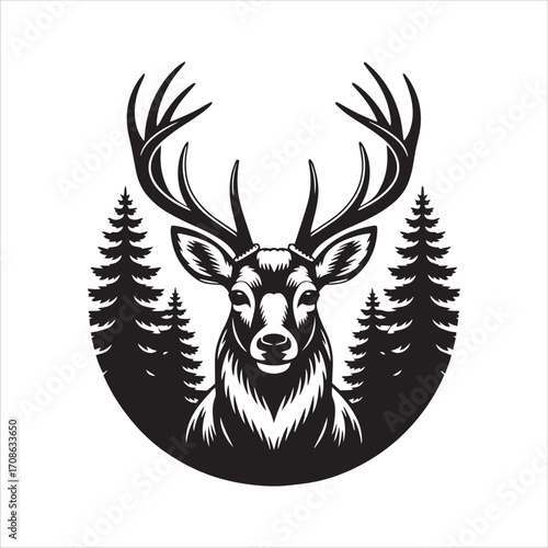 Majestic stag head with antlers and pine trees deer