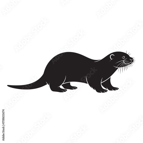 A simple black silhouette of a wild river otter standing. Vector graphic illustration of an aquatic mammal isolated on a white background