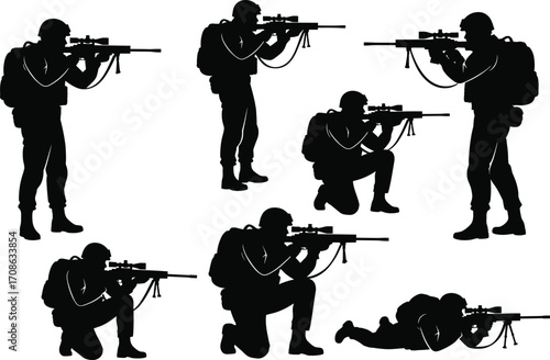 Soldier silhouette vector, tactical rifle poses, military shooting positions, combat training illustration, army man with gun, black army figure, war stance