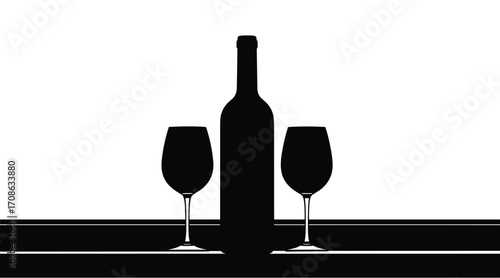 Black silhouette of a wine bottle and two wine glasses on a striped black and white background minimalism
