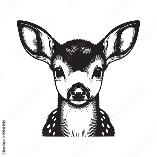 Black and white close-up illustration of a fawn's face on white background