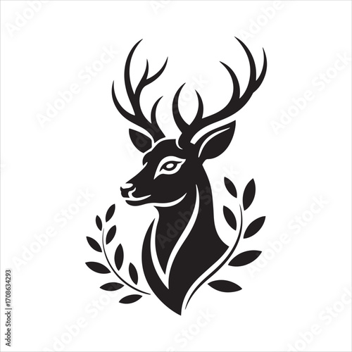 Deer Head Silhouette with Laurel Wreath leaves