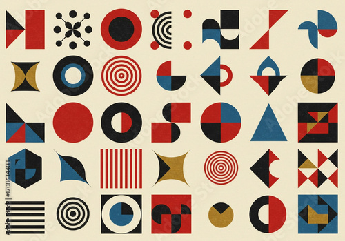 Dynamic geometric pattern with retro bauhaus style, vibrant shapes, and modern design