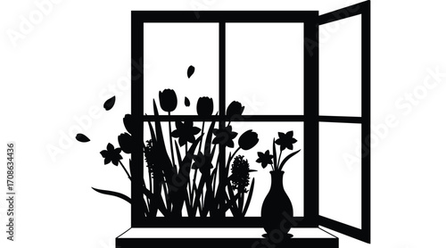 Black silhouette of an open window with spring flowers in a vase and falling petals vector