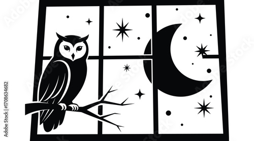 Black silhouette of an owl perched on a branch against a night sky with moon and stars seen through a window frame