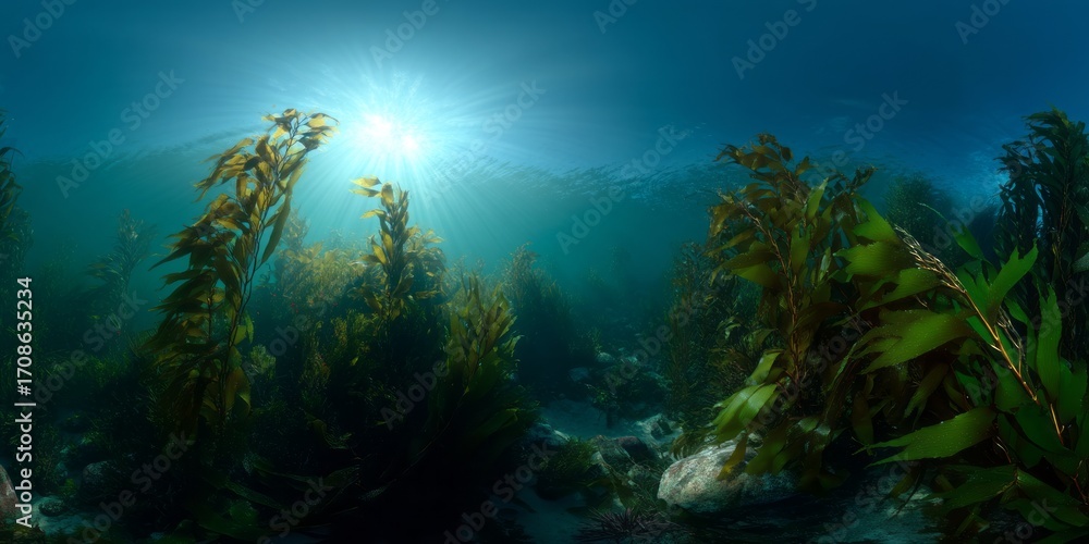 Fototapeta Underwater kelp forest hdri panoramic view sunrays illuminate marine life ocean floor environment