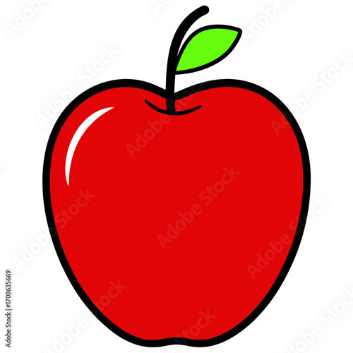Realistic yet minimal flat vector apple, bright red color, clean shape, small green leaf, isolated, commercial use