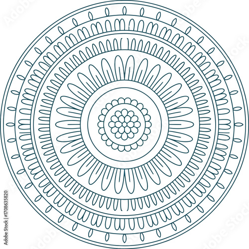 Intricate circular mandala design with floral motifs in calming blue tones