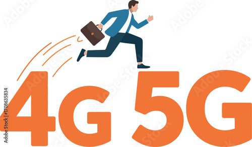 Motivated businessman leaps from 4G to 5G, symbolizing progress and innovation