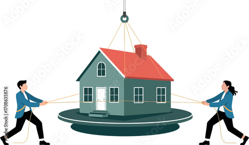 Two people pulling opposite directions on a house, symbolizing conflict and disagreement over property.