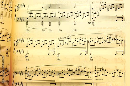 Vintage sheet music notation manuscript with staff lines and gently moving musical notes. This retro, grunge styled motion background is a seamless loop.