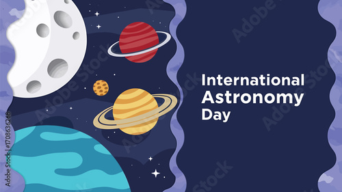 Vector art of cosmic scene for international astronomy day with planets, moons, and stars, illustrating the vastness and beauty of the universe for educational purposes