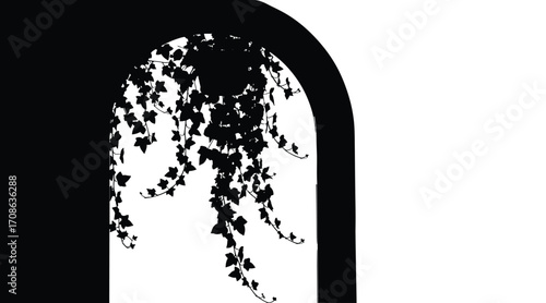 Black silhouette of ivy vines cascading through an arched doorway against a white background plant foliage