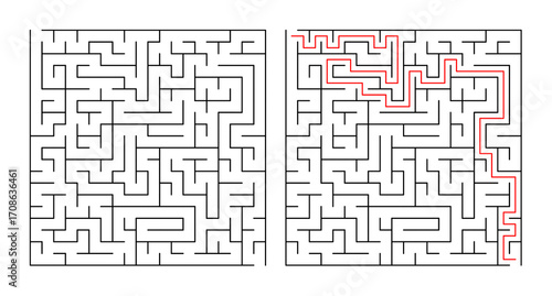 Maze illustration with solution path highlighted in red  