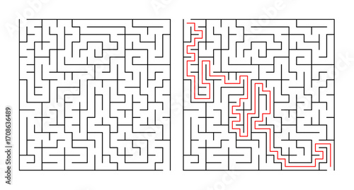 Labyrinth maze with solution path highlighted in red  