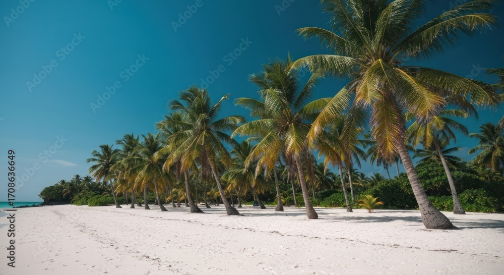 Obraz premium Pristine white sand beach fringed with tall coconut palms under a vibrant blue sky