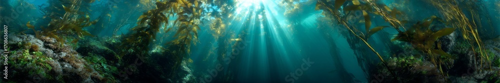 Obraz premium Underwater sunrays illuminating exported kelp forest in hdri panoramic view nature's beauty beneath the waves