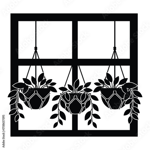 Black silhouette of three hanging potted plants in a window frame hanging plant macrame