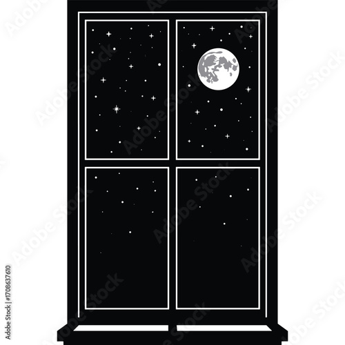 Black window frame with view of starry night sky and full moon stars