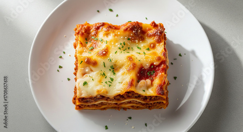 Classic Italian Lasagna on White Plate Top View