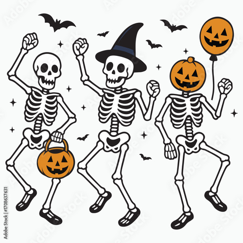 Human Halloween skeleton set. Skelton Vector illustration. Illustration of three skeletons with pumpkins, bats, and stars dancing. halloween