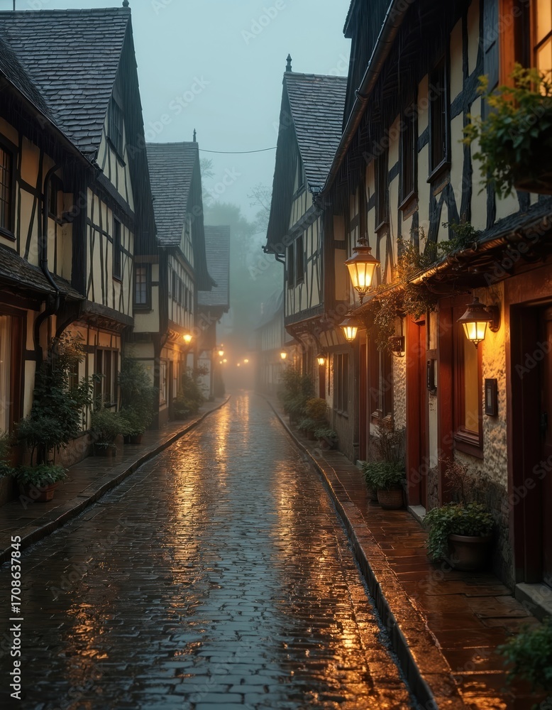 Fototapeta premium Rainy evening street in old European village. Cobblestone pavement reflects warm lamp light. Historic timber-framed buildings line narrow lane. Fog creates atmospheric, cozy, romantic mood. Autumn