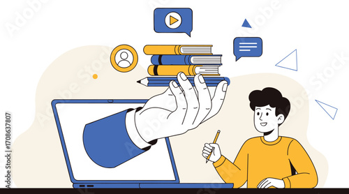 Hand emerging from laptop screen offering stack of books and pencil to student education learning