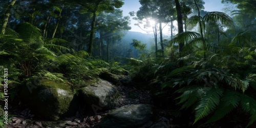 Lush jungle in hdri panoramic view with light beams nature landscape serene environment