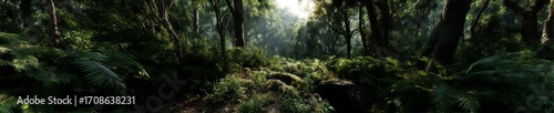Lush jungle with light beams nature hdri panoramic view serene environment captivating experience