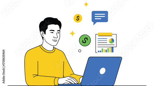 Man in yellow shirt using blue laptop with financial charts and chat bubble icons computer