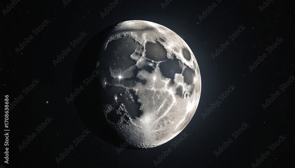 Fototapeta premium Detailed view of large, luminous moon with prominent craters against vast, starry night sky. Celestial sphere textured surface illuminated by soft moonlight, suggesting deep space exploration,